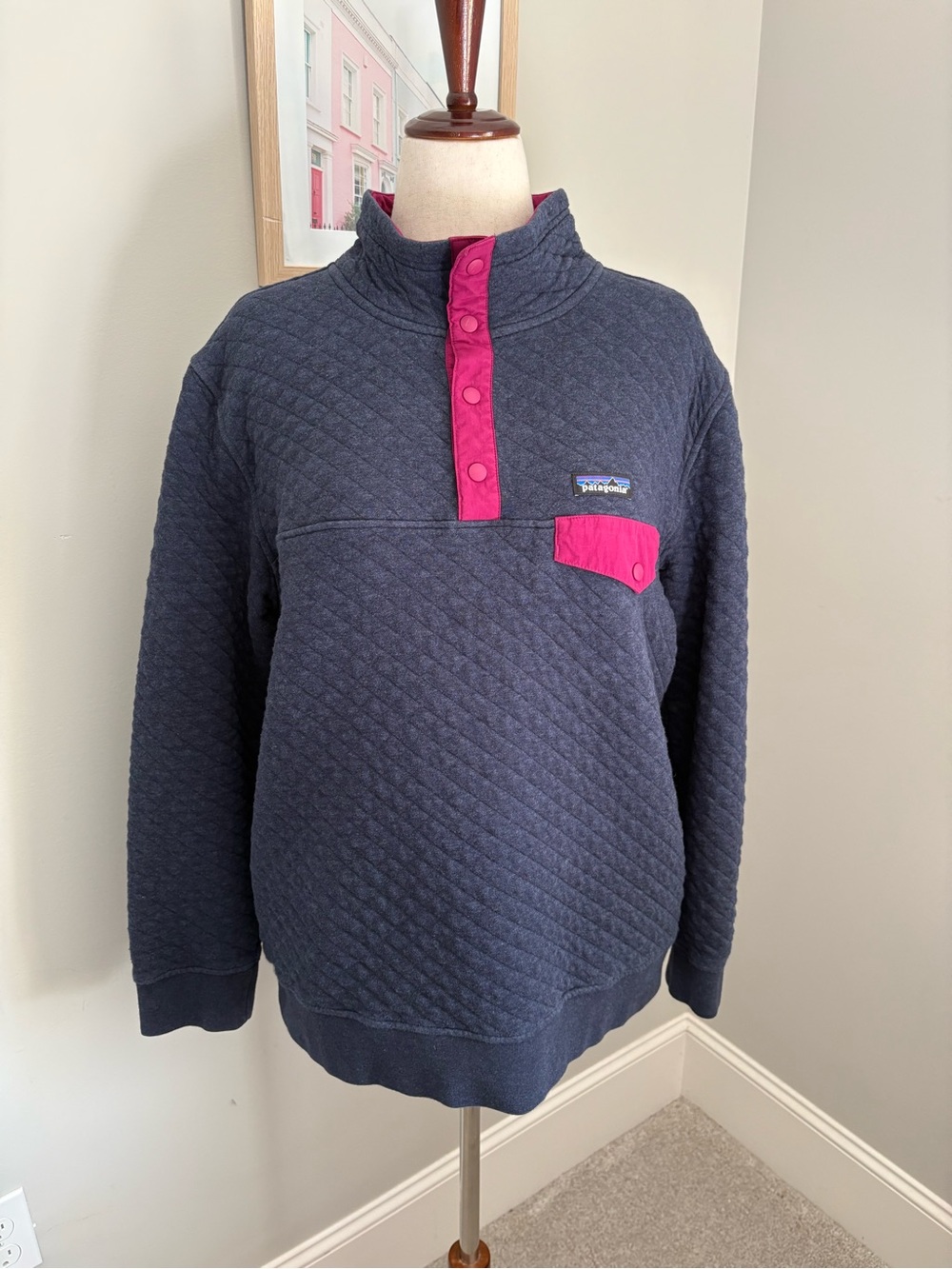 Patagonia Quilted Snap-T Pullover - Navy with Pink Accents